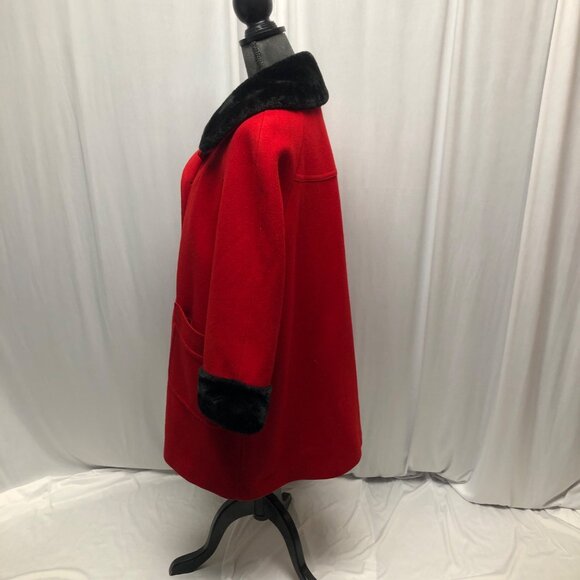 Davis of Boston Red Wool Black Faux Fur Coat Womens Custom Size Large XL Vintage - Picture 3 of 6